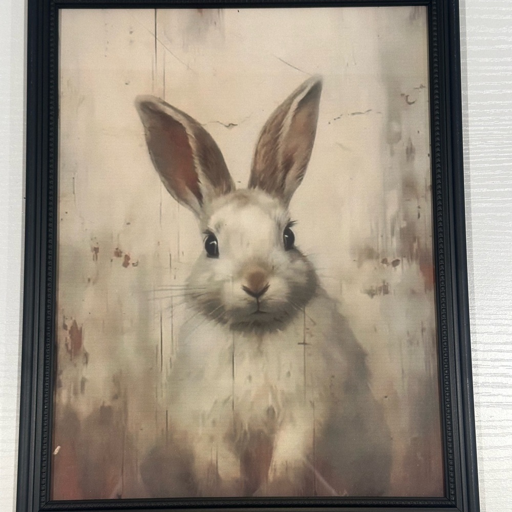 Print of white rabbit painting portrait framed art spring Easter home decor 8x10